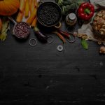 Organic food. Fresh vegetables with mushrooms and black beans.